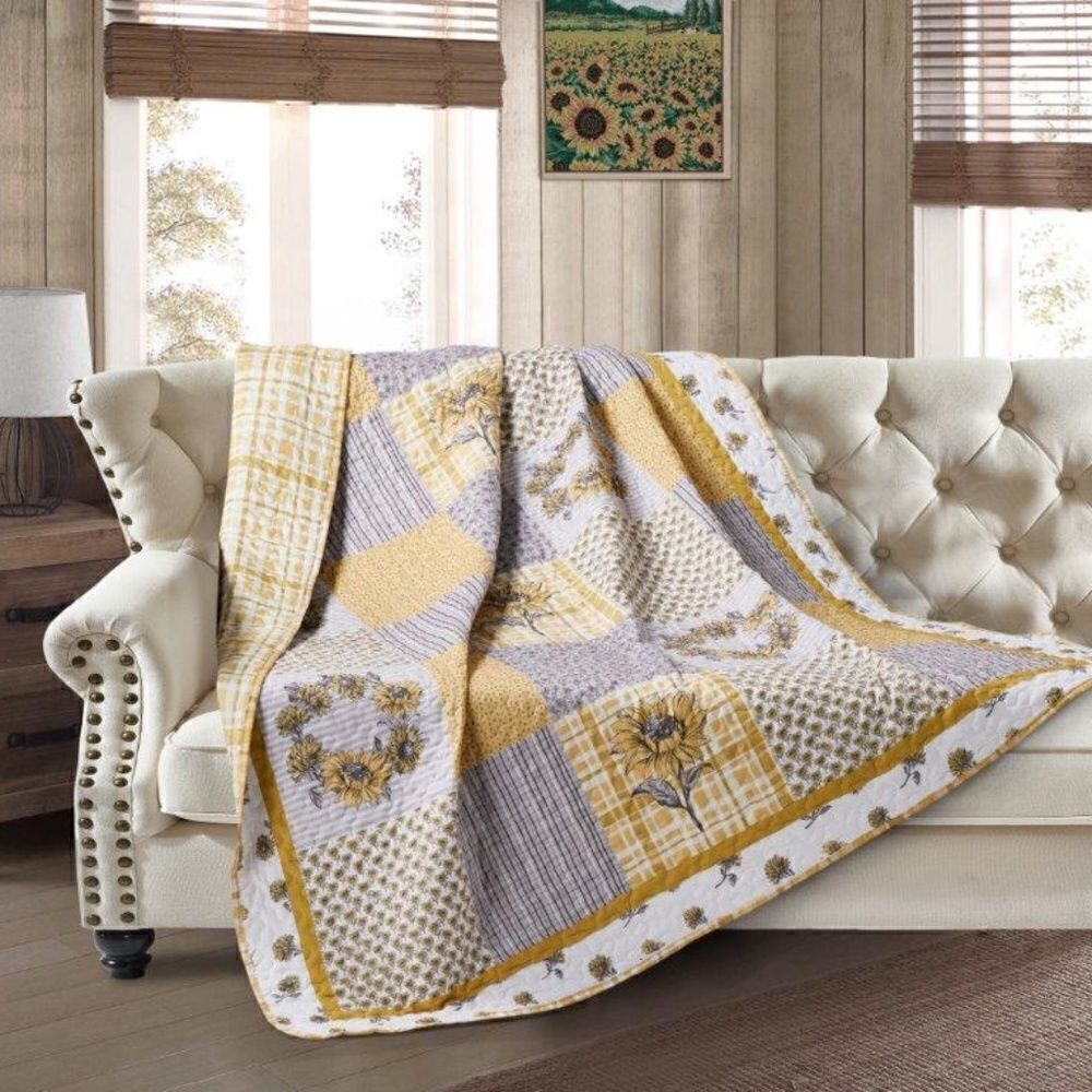 Sunflower Patch Printed Quilted Throw Blanket Farmhouse Country Farmhouse